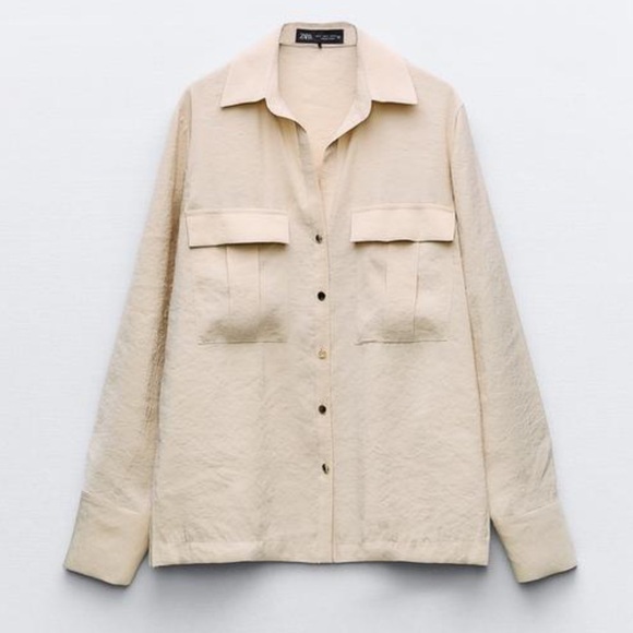 Zara Front Pockets Shirt top button long sleeve collared beige large Womens - Picture 1 of 10